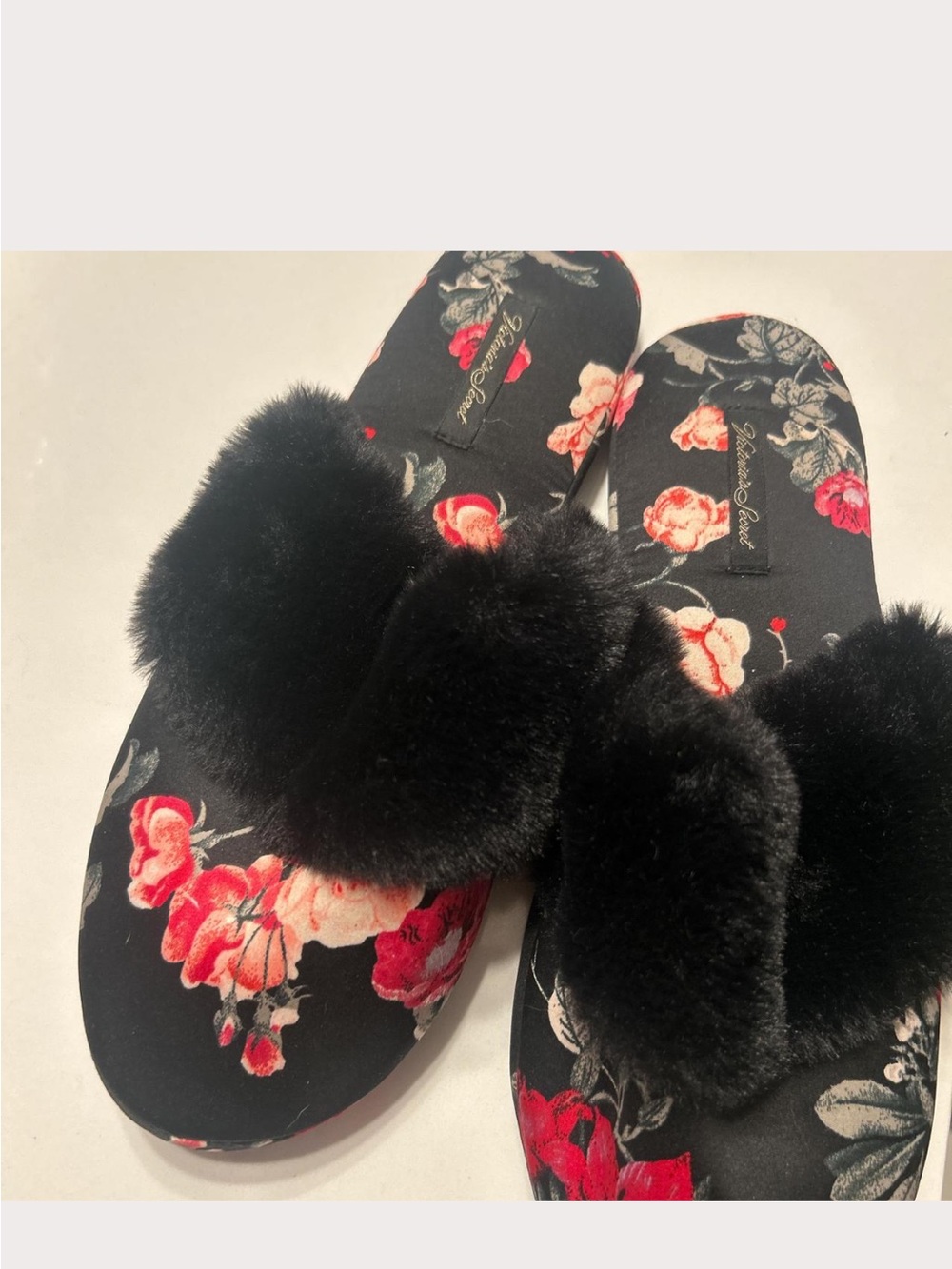 Victoria's Secret Black Floral Velvet Slippers with Faux-Fur Strap